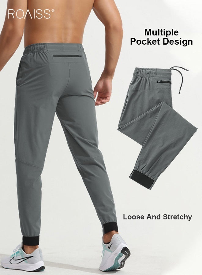 رويس سراويل رياضية للرجال للجري واللياقة البدنية وركوب الدراجات سريعة الجفاف منسوجة للتمرين مع جيوب متعددة وحزام خصر مرن وأساور مدببة مريحة وفضفاضة تناسب السراويل الطويلة غير الرسمية - Image 3